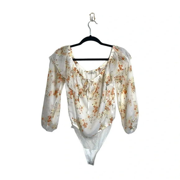 Abercrombie & Fitch White Floral Chiffon Off the Shoulder Bodysuit Medium Women - Picture 2 of 12